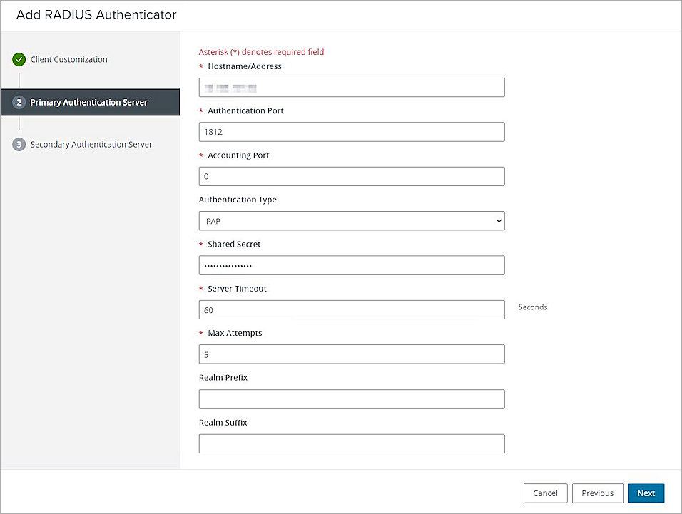 Screenshot of  add radius authentication for primary authenticaiton server dialog box.